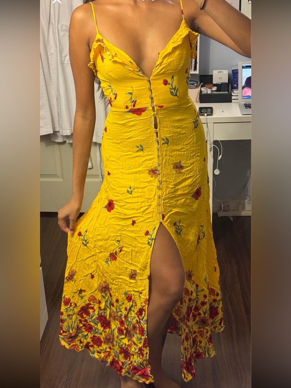 Yellow Floral Red Button-Down Front Slit Maxi Dress Summer Flowy